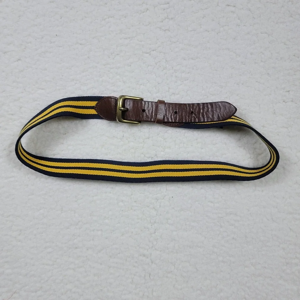 Cremieux Webbed Striped Belt Mens 38 Navy Yellow Leather Trim Brass Buckle Woven